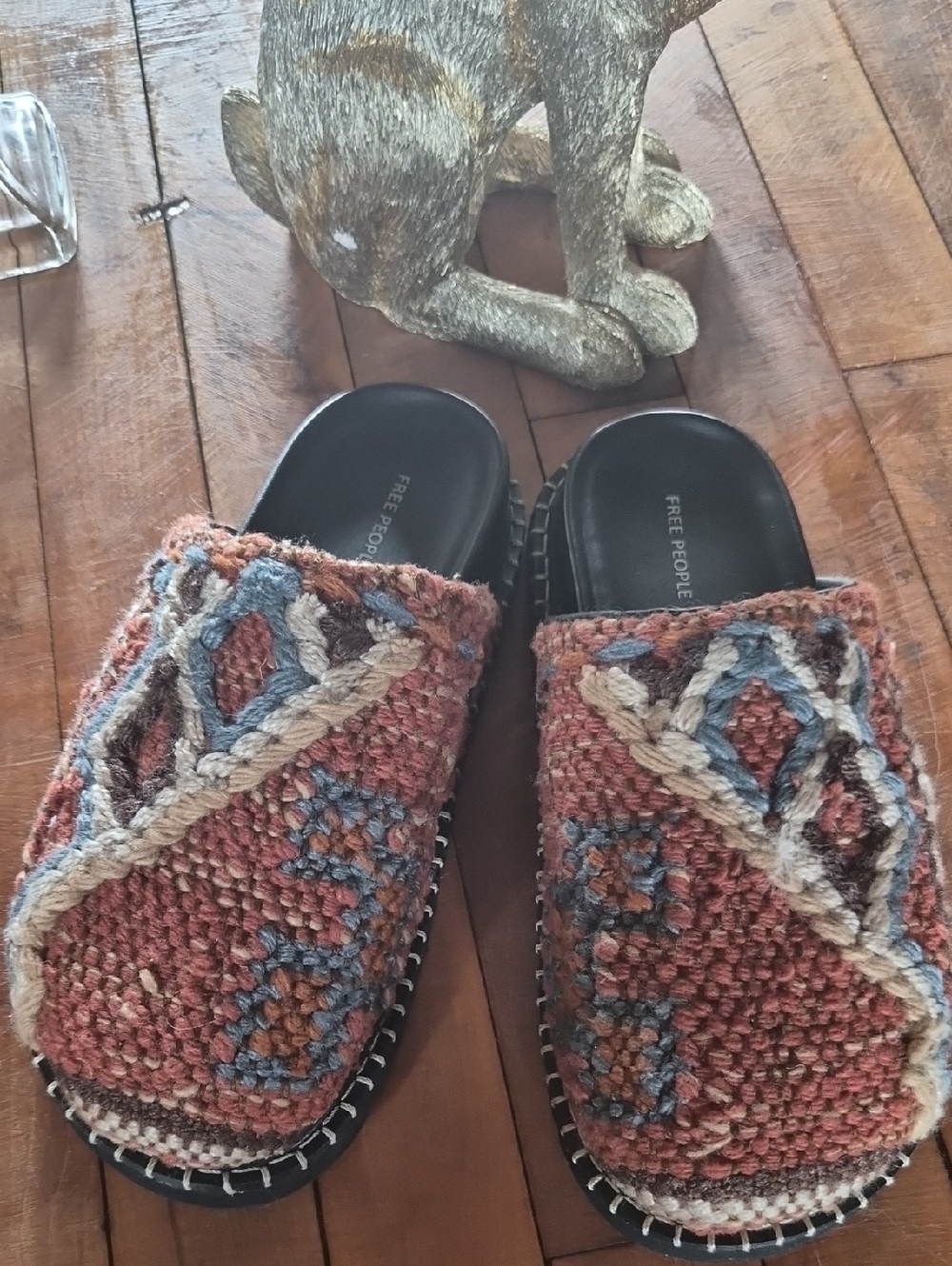 Free People Woven Boho Slide Sandals in Rust, Blue & Cream Carpet Bag Slides